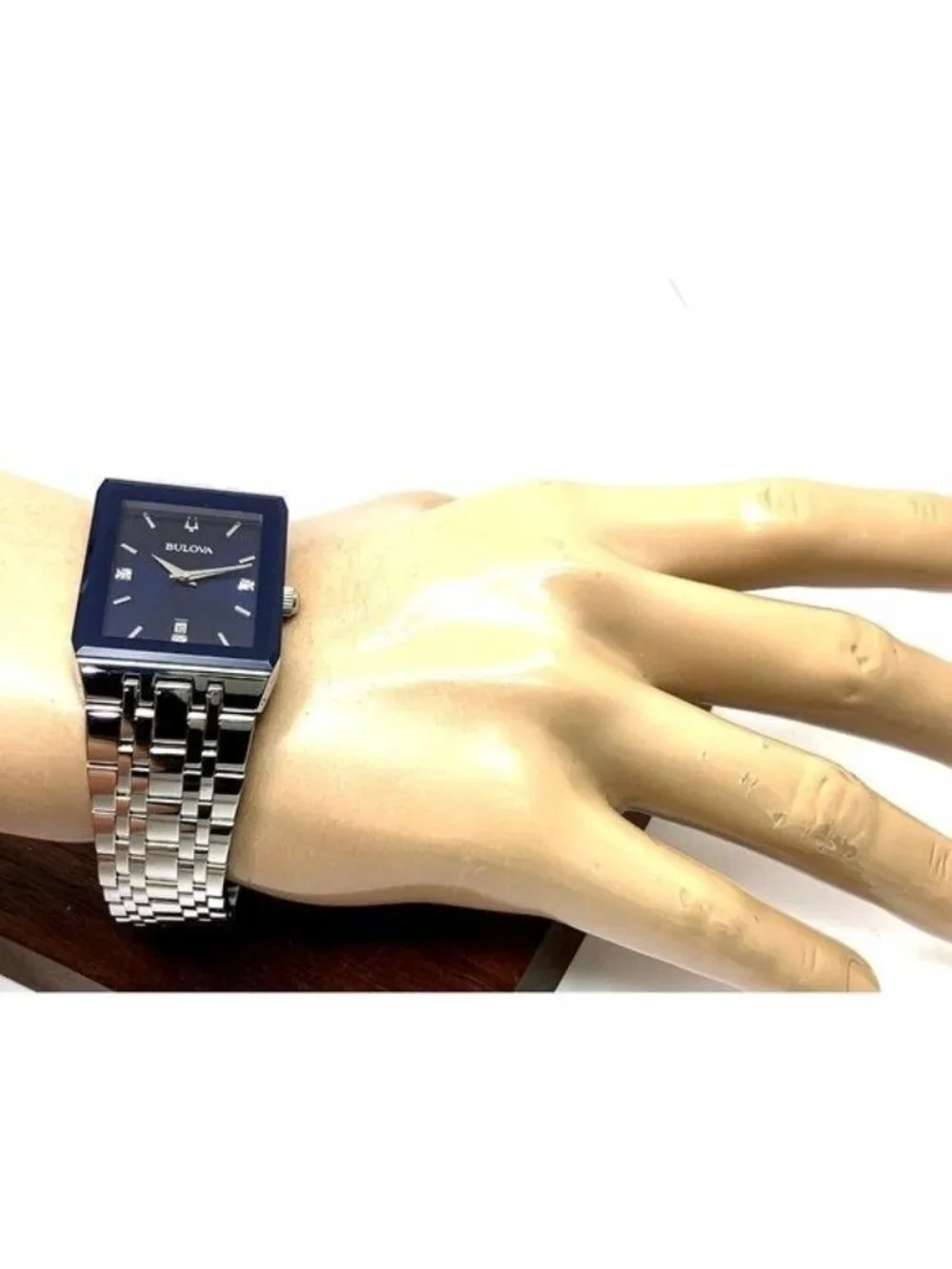 Bulova Men's Watch 96D139 Blue Dial Diamond Accent Rectangle Date Silver Steel